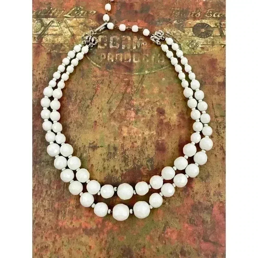VTG Hobe White Glass Bead Necklace Layered Signed 16" 1960's Rare‎